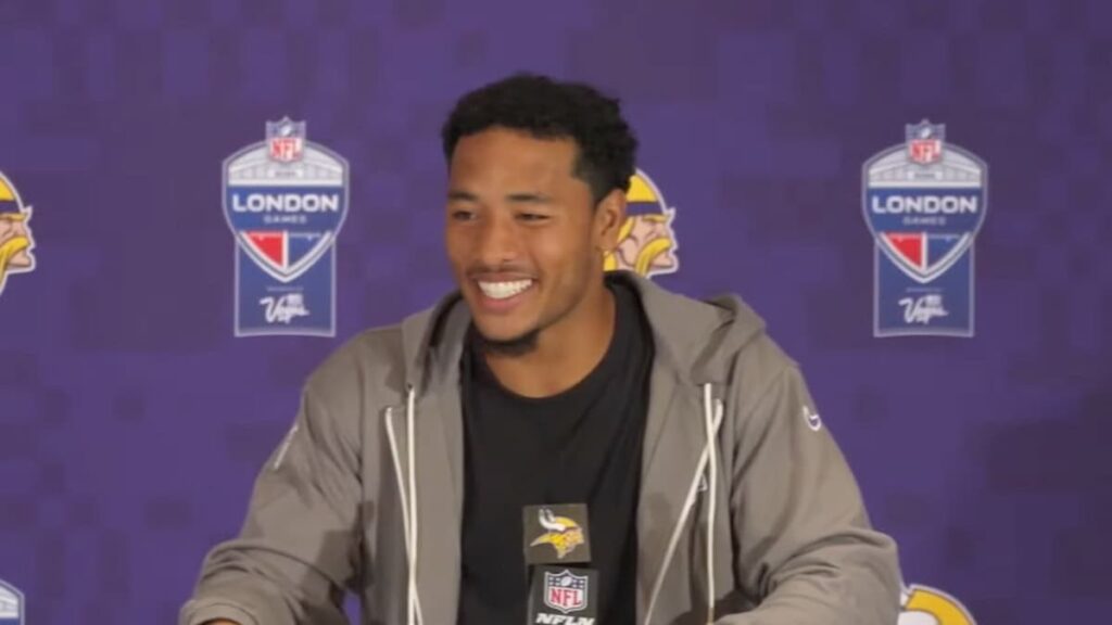 Camryn Bynum smiling during Vikings press conference.