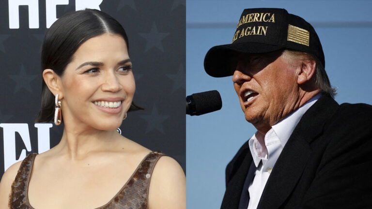 A photo collage of America Ferrera and Donald Trump