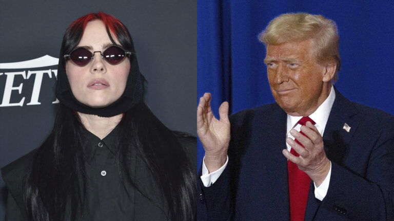 A photo collage of Billie Eilish and Donald Trump