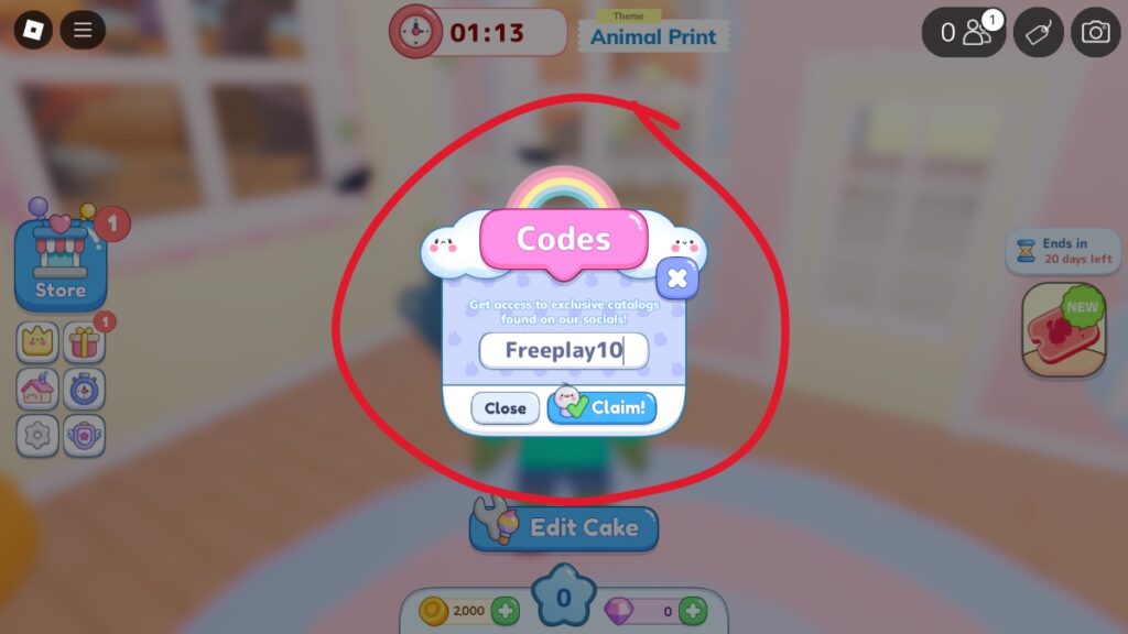 The code redemption screen in Roblox Cake Off