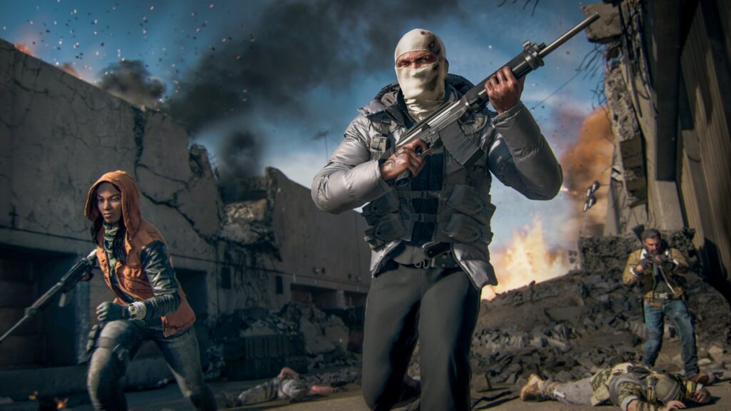 A masked soldier holds their rifle aloft in a burning town in Call of Duty: Black Ops 6