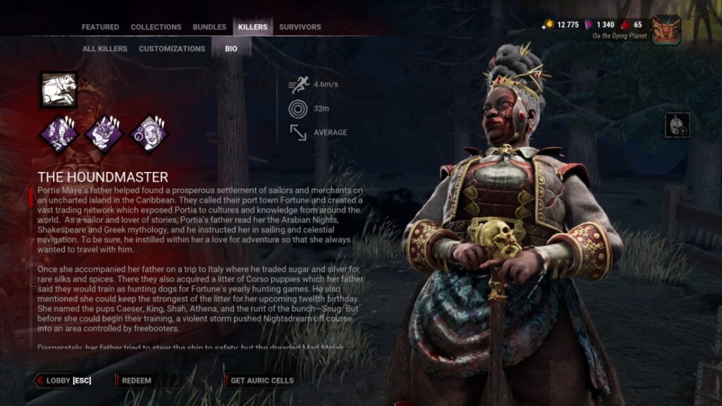 The stats and lore of the Houndmaster in the character select screen