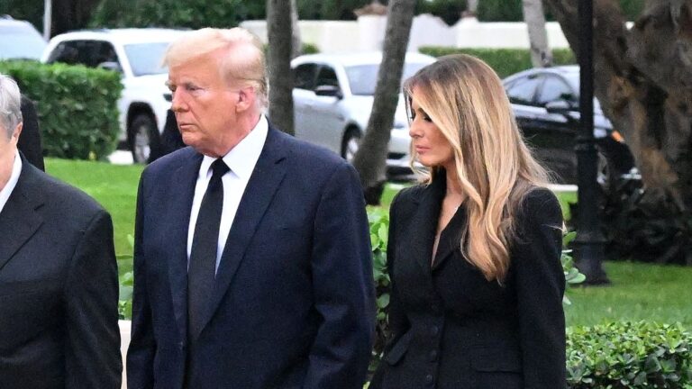 Donald Trump and Melania Trump hold hands as they depart Amalija Knavs' funeral at Bethesda-by-the-Sea Church in Palm Beach