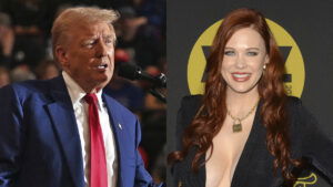 A photo collage of Donald Trump and Maitland Ward