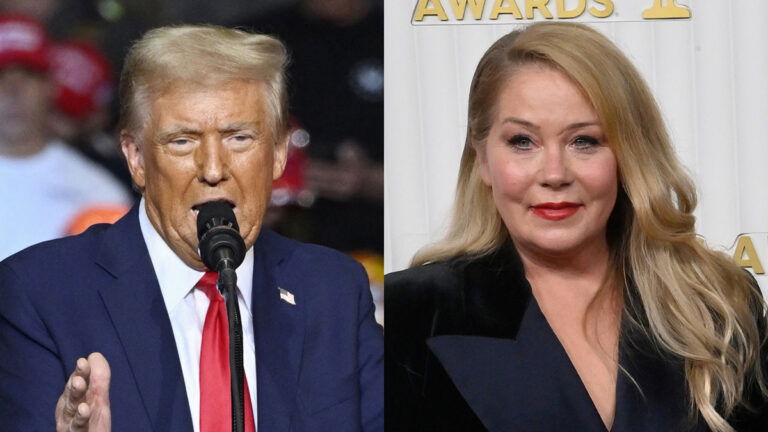 A photo collage of Donald Trump and Christina Applegate