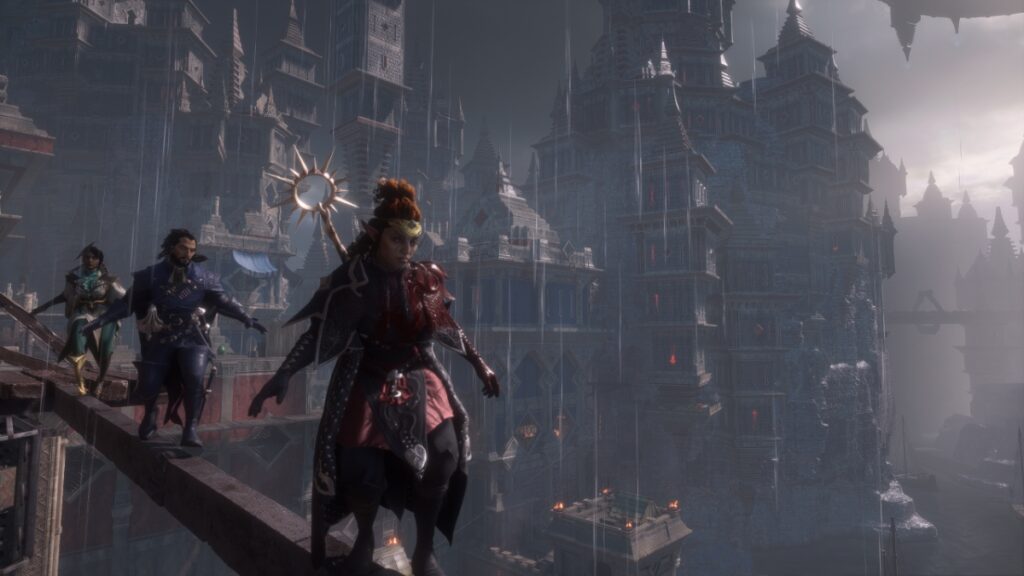 Rook and their companions walk across a beam, high above a city