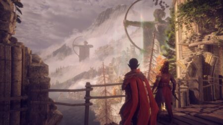 The player and a companion gaze out at cliffside statues in Dragon Age: The Veilguard