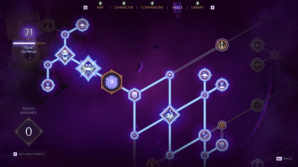 The skill tree with various nodes lit up to show the player's progress