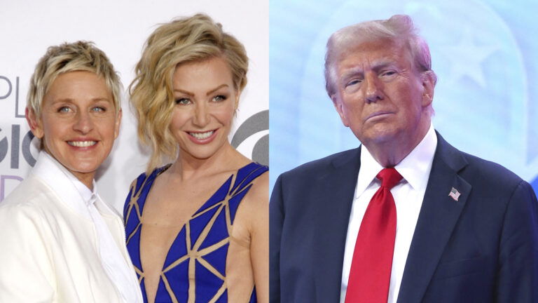 A photo collage of Ellen Degeneres with Portia de Rossi and Donald Trump