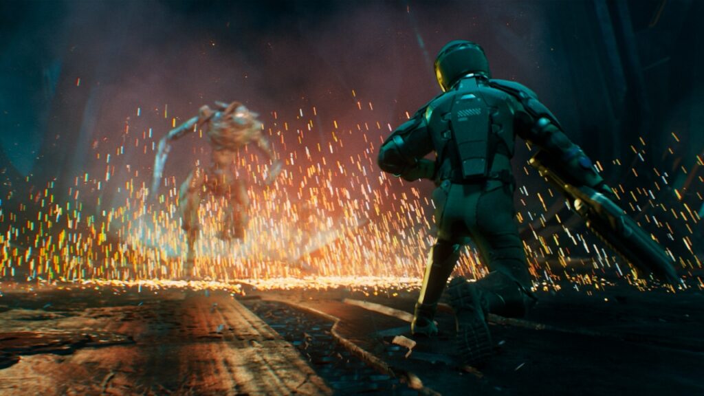 A creature charges an armed character in Exodus amidst a shower of sparks