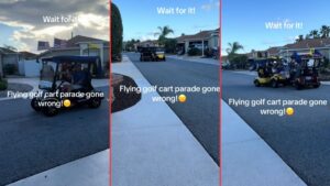 Golf Cart Parade Sends Man Flying in Viral Video ‘Doesn’t a Parade Usually Go In One Direction'