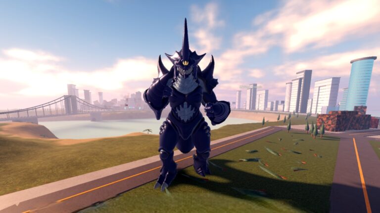 A Kaiju towers beside a city in Kaiju Universe Roblox