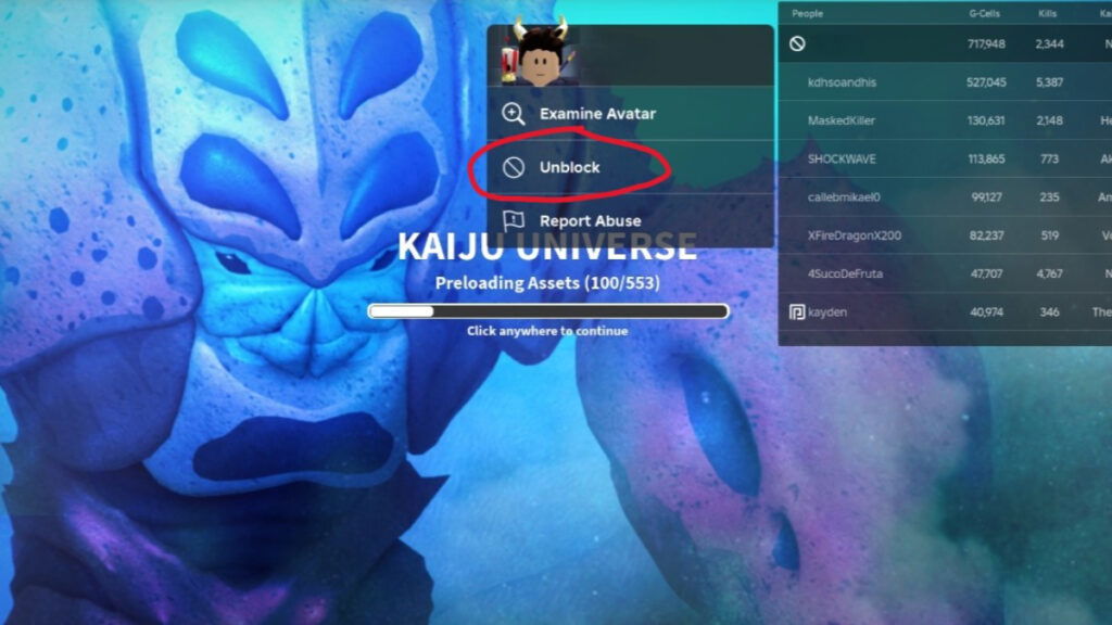 The unblock option in Roblox
