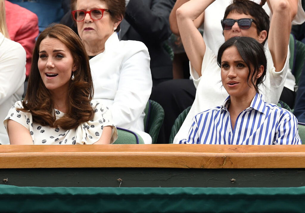 The Duchess of Cambridge and The Duchess of Sussex watch the Womens final at the Wimbledon Championships, Wimbledon, London, UK, on the 14th July 2018. 14 Jul 2018 Pictured: Catherine, Duchess of Cambridge, Kate Middleton, Meghan Markle, Duchess of Sussex.