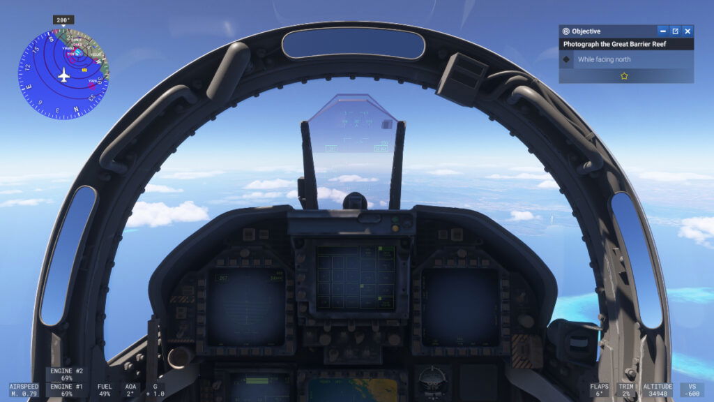 A first-person view from a fighter's cockpit over the ocean