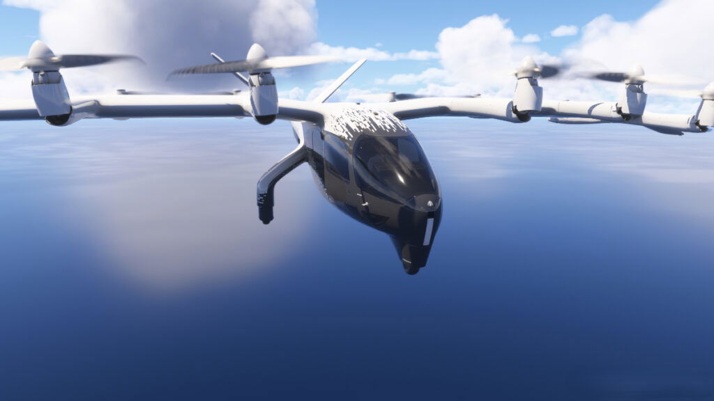 A close-up of the front of a multi-rotor helicopter in Microsoft Flight Simulator 2024