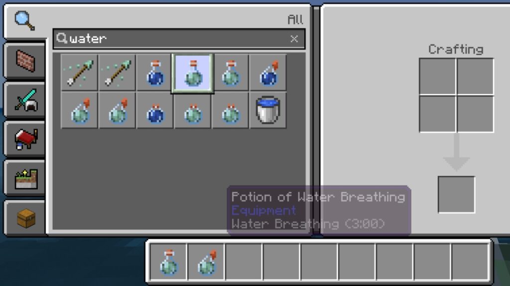 The player examines a Potion of Water Breathing in Minecraft