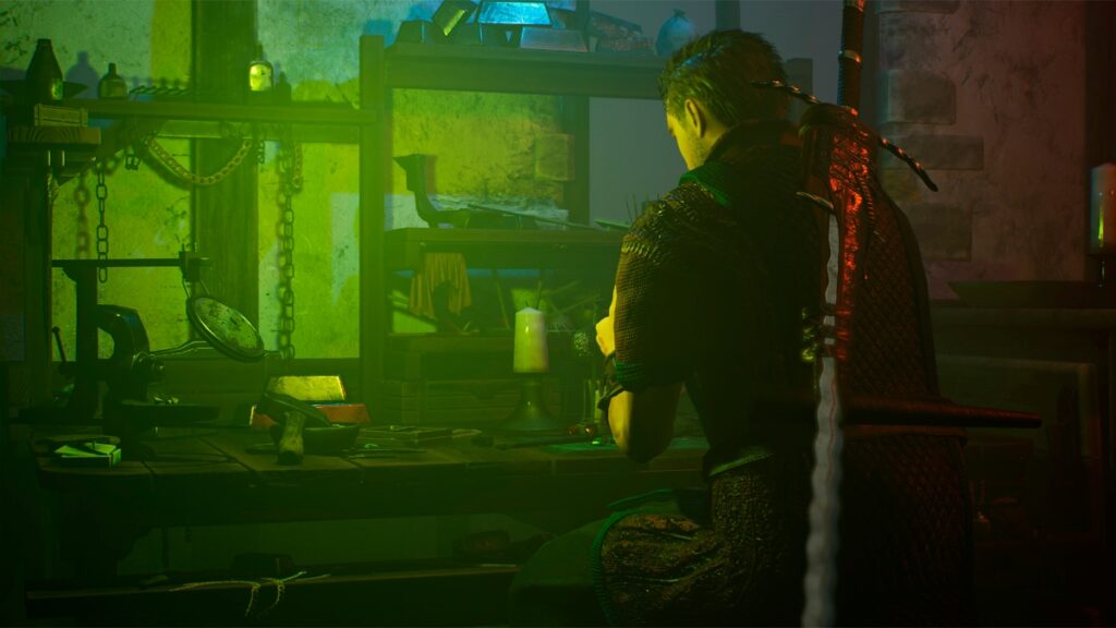 A character sits at a workbench before an ominous green light