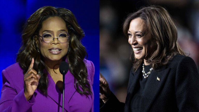 A photo collage of Oprah Winfrey and Kamala Harris