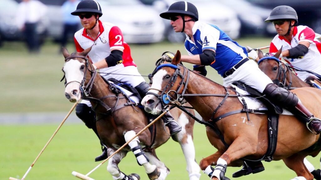 Prince Harry and Prince William on horseback during a polo match.