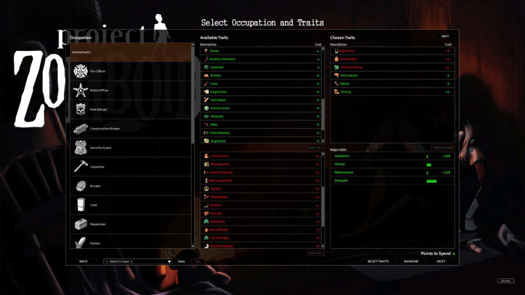 Project Zomboid Unemployed Character Build