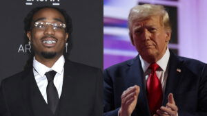 A photo collage of Quavo and Donald Trump