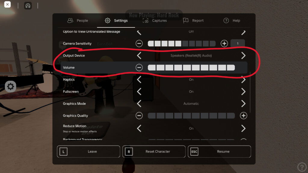 The audio options in the settings menu in Roblox