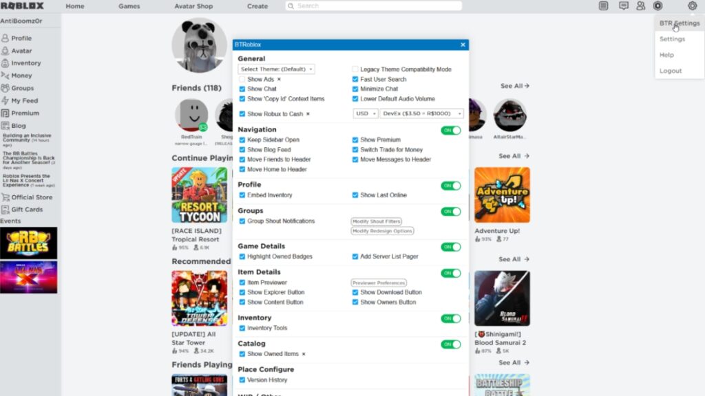 The official Roblox website with the BTRoblox extension active