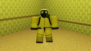 A player wears a Hazmat suit in a yellow backrooms room in Roblox