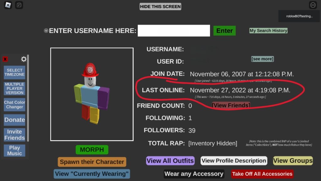 A screen showing the last time a player was online on Roblox