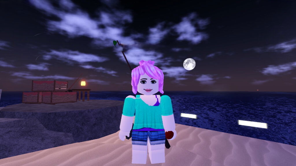 A character stands on the beach in Roblox Fisch