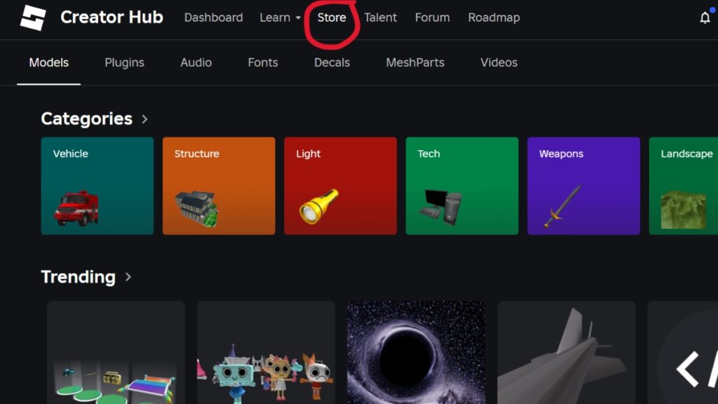 The Store button leading to the Roblox Creator Marketplace