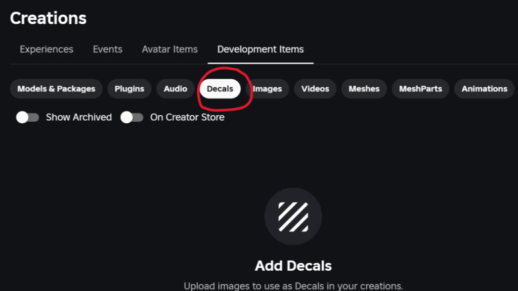 The Decal creation menu in Roblox Create