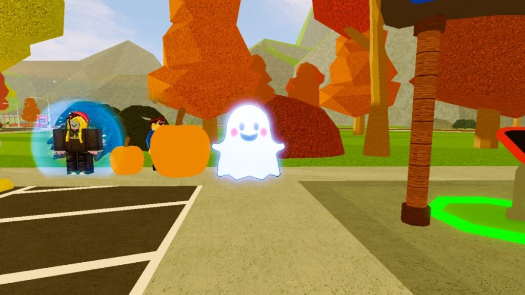 A ghost floats in a parking lot in Roblox