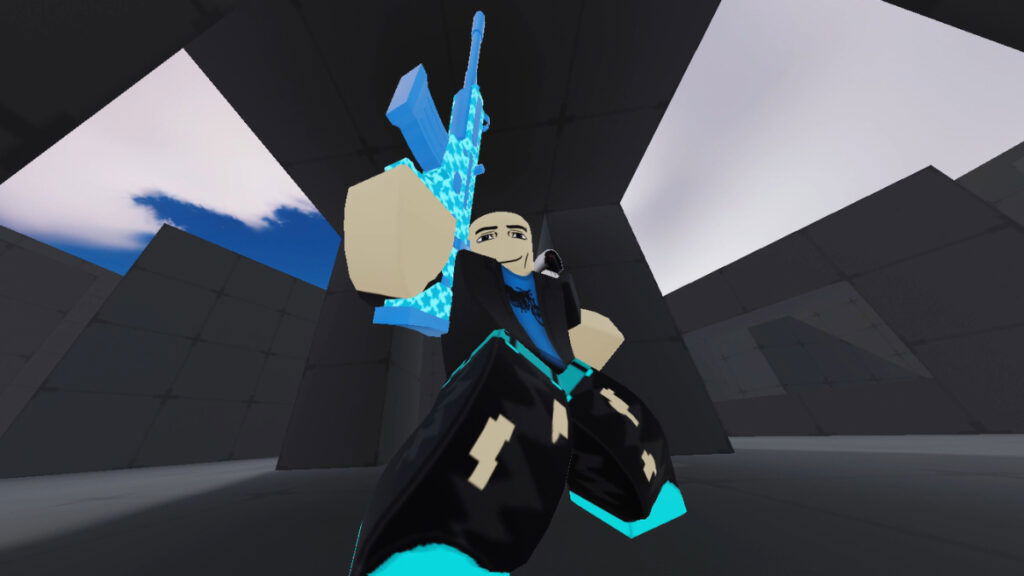 A player poses with their gun raised in Roblox Rivals