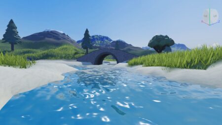 A river and bridge in the default Roblox Studio castle map