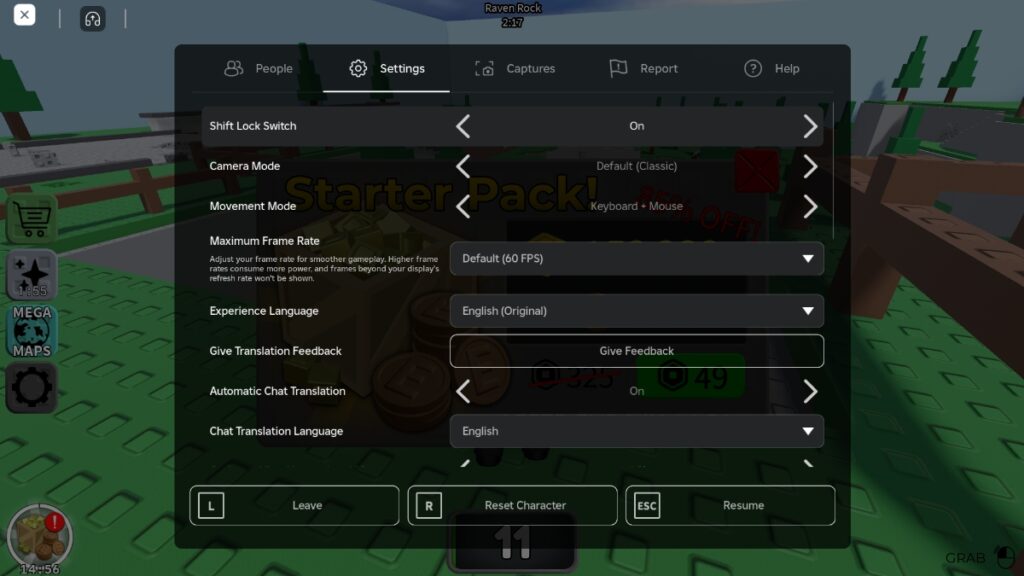 The settings menu used to fix the shift lock glitch in Roblox