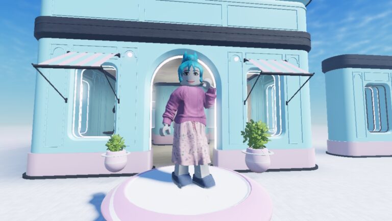 A character stands outside a shop in a default Roblox Studio experience