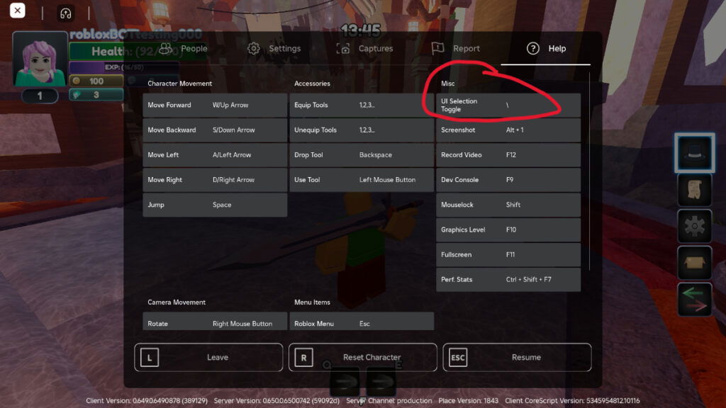 The settings menu with the UI navigation toggle in Roblox