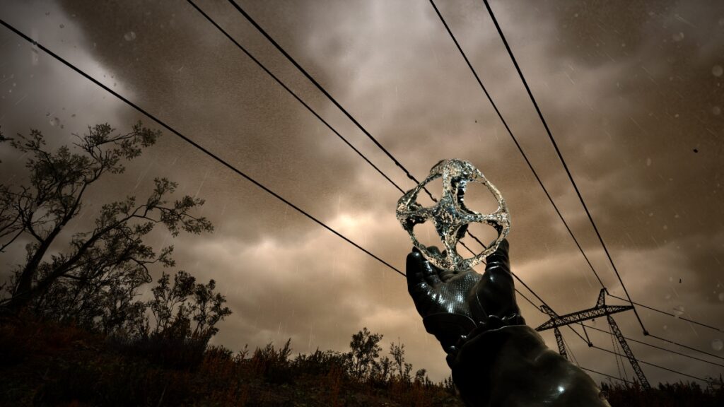 The player holds a silvery Artifact aloft during a storm in Stalker 2