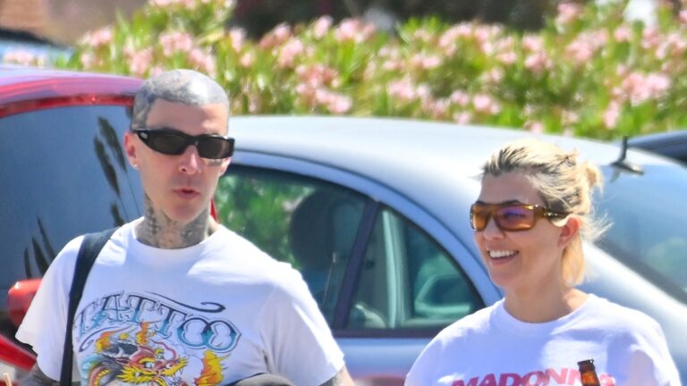 Kourtney Kardashian and Travis Barker head out for lunch at a vegan restaurant in Palm Desert after celebrating their first anniversary.