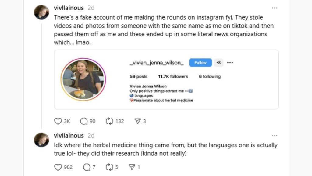 Vivian Wilson's post on Thread debunking fake account.