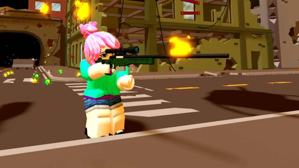 A character fires a sniper rifle in Zombie Apocalypse Roblox