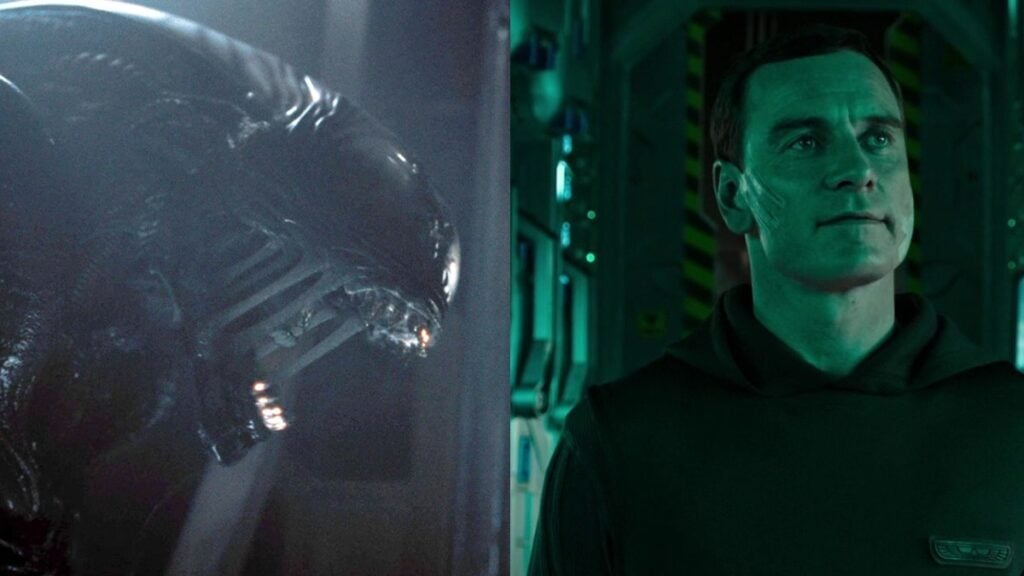 The Alien from Alien Romulus and David from Prometheus side-by-side