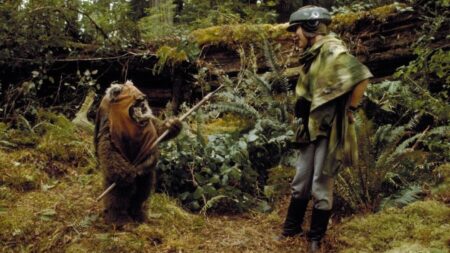 Leia and an Ewok in a shot from Return of the Jedi