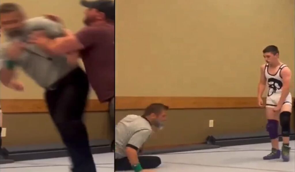 father pushes referee in wrestling match