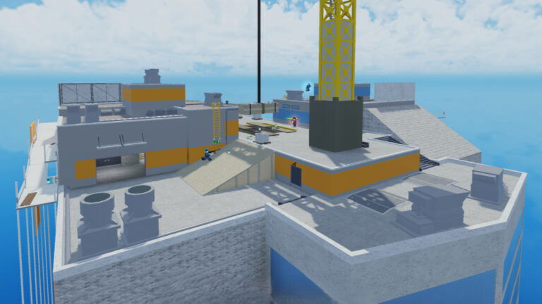 Players have a shootout on an ocean platform in Arsenal Roblox