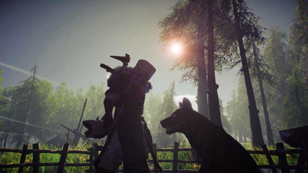 A character stands beside their wolf companion in Aska