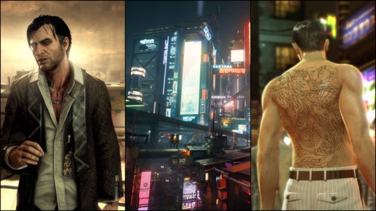 Characters from Deus Ex, Yakuza 0, and Cyberpunk 2077, three of the best games in the GOG winter sale