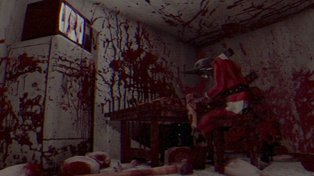 A gory room containing a killer dressed as Santa in Christmas Mutilator